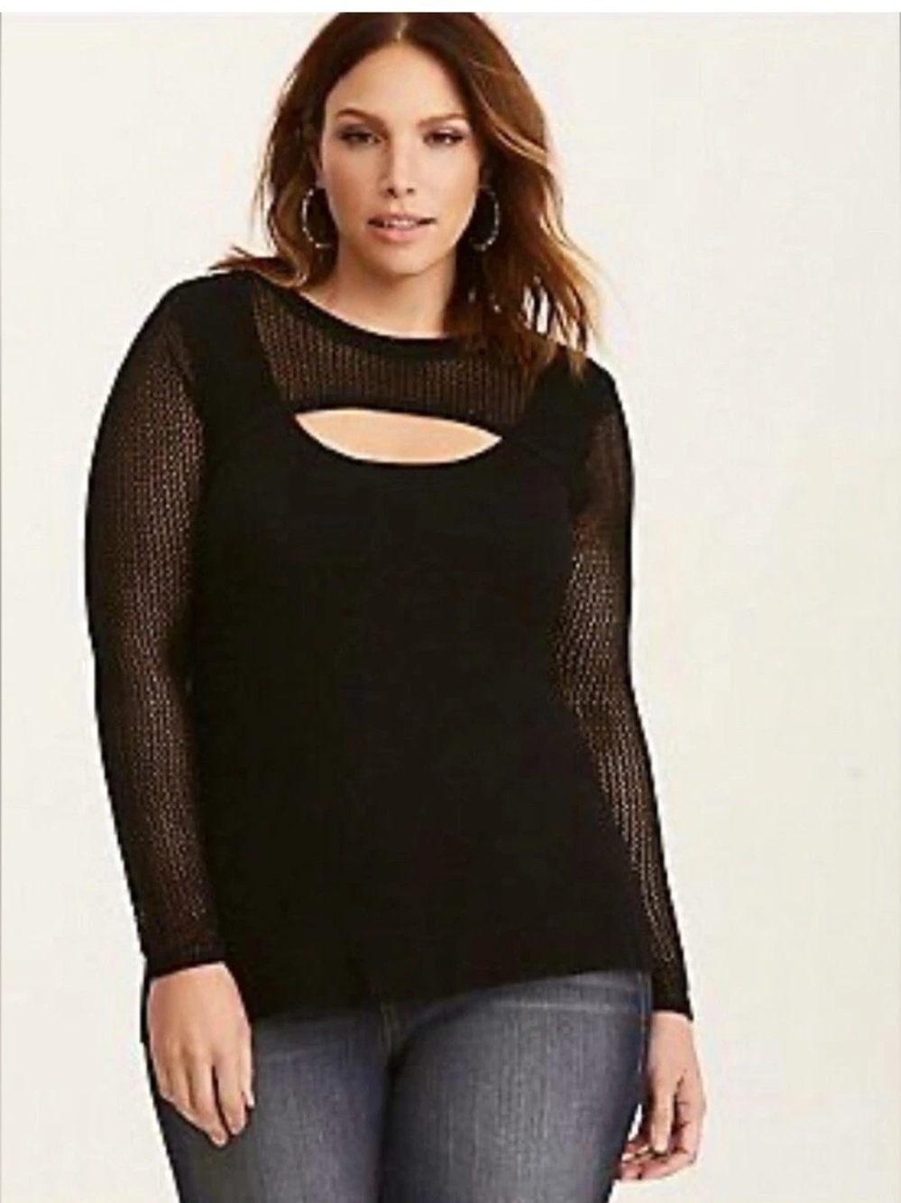 Torrid Black Cutout Knit Sweater with Sheer Sleeves